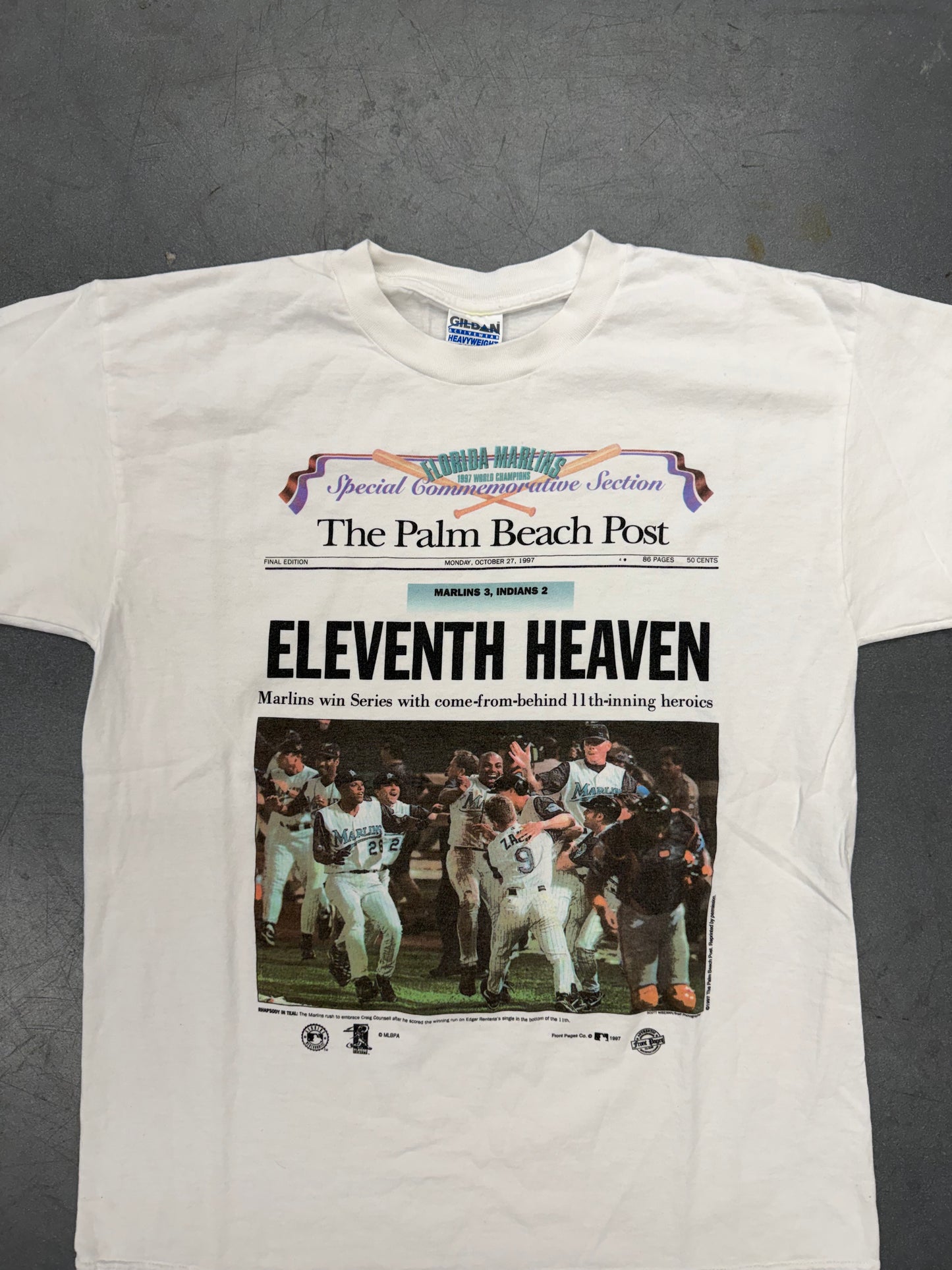 1997 FLORIDA MARLINS THE PALM BEACH POST ELEVENTH HEAVEN NEWSPAPER SHIRT (GILDAN ACTIVEWEAR TAG)