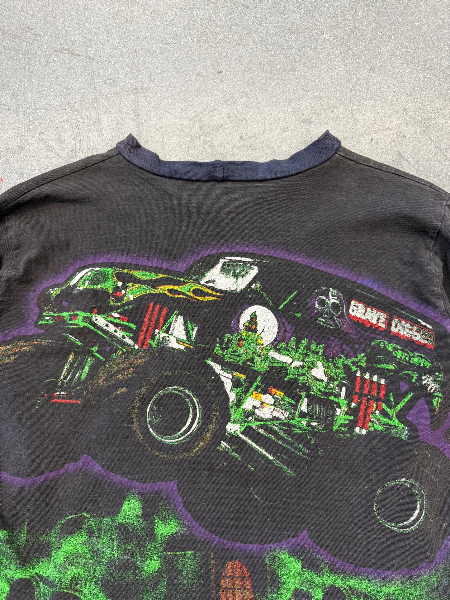 90S GRAVE DIGGER MONSTER TRUCK RACING AOP GRAVEYARD LS TEE (MADE IN USA TAG)