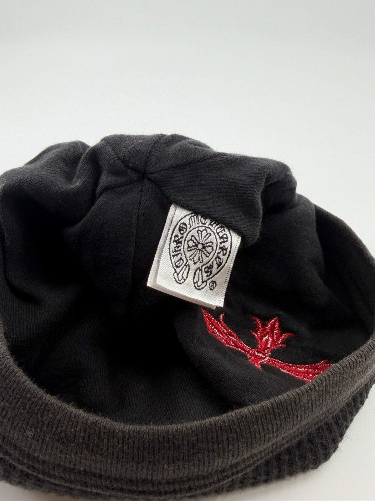 OLDER CHROME HEARTS THIN RED CROSS THERMAL WAFFLE BEANIE - FADED