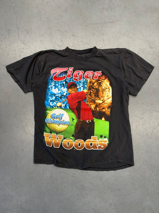 VINTAGE TIGER WOODS GOLF THE NEW MASTERS 1ST BLACK CHAMPION BOOTLEG RAP-STYLE TEE (FADED TAG)
