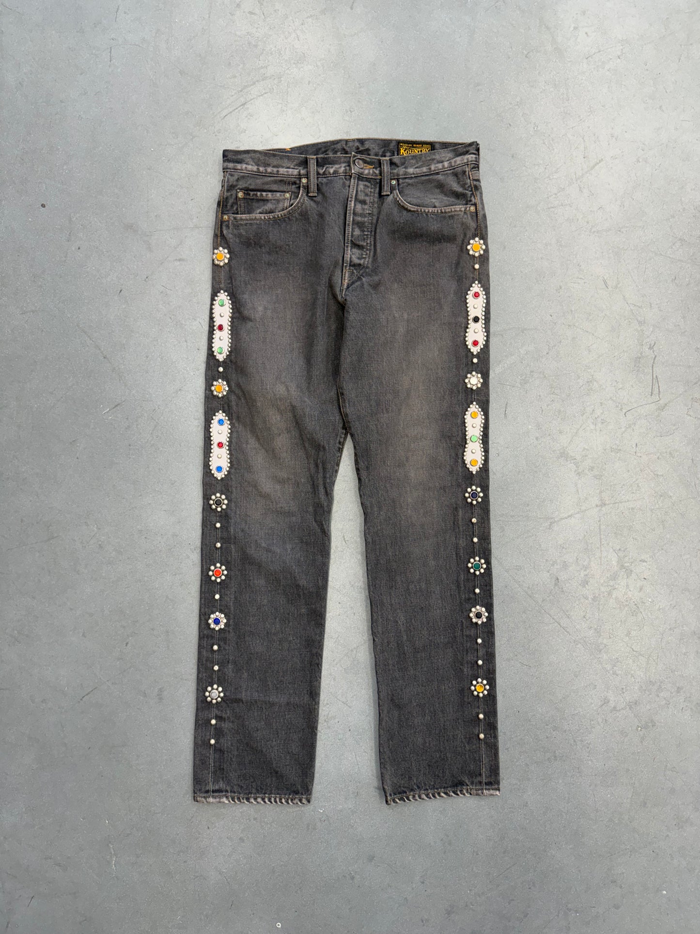 KAPITAL 14OZ DENIM 5P MONKEY CISCO GEMSTONE JEANS - BLACK