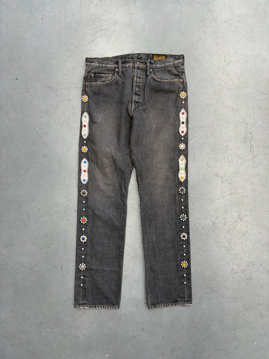 KAPITAL 14OZ DENIM 5P MONKEY CISCO GEMSTONE JEANS - BLACK