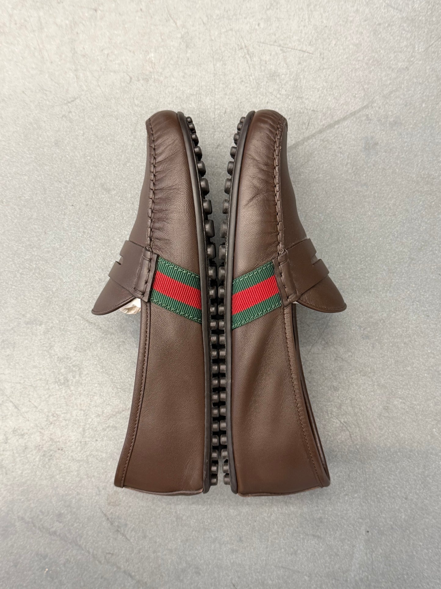 GUCCI WEB LEATHER DRIVER LOAFERS - BROWN (PRE-OWNED WITH BOX)
