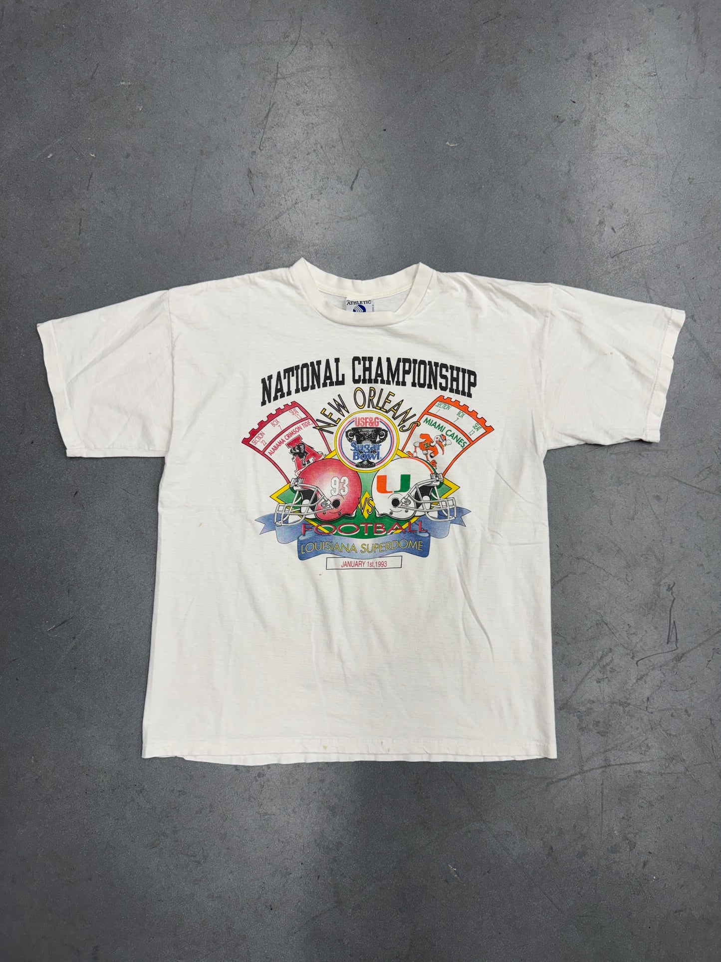 1993 NEW ORLEANS SUGAR BOWL FOOTBALL NATIONAL ALABAMA VS MIAMI CHAMPIONSHIP TEE (ADVANCE ATHLETIC TAG)