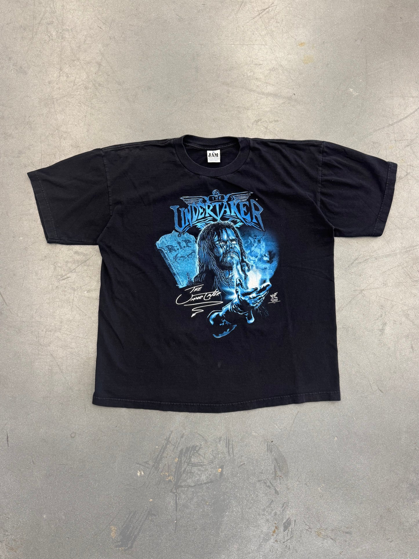 1998 THE UNDERTAKER WWF R.I.P TOMBSTONE BLUE PRINT TEE (JAM TAG)