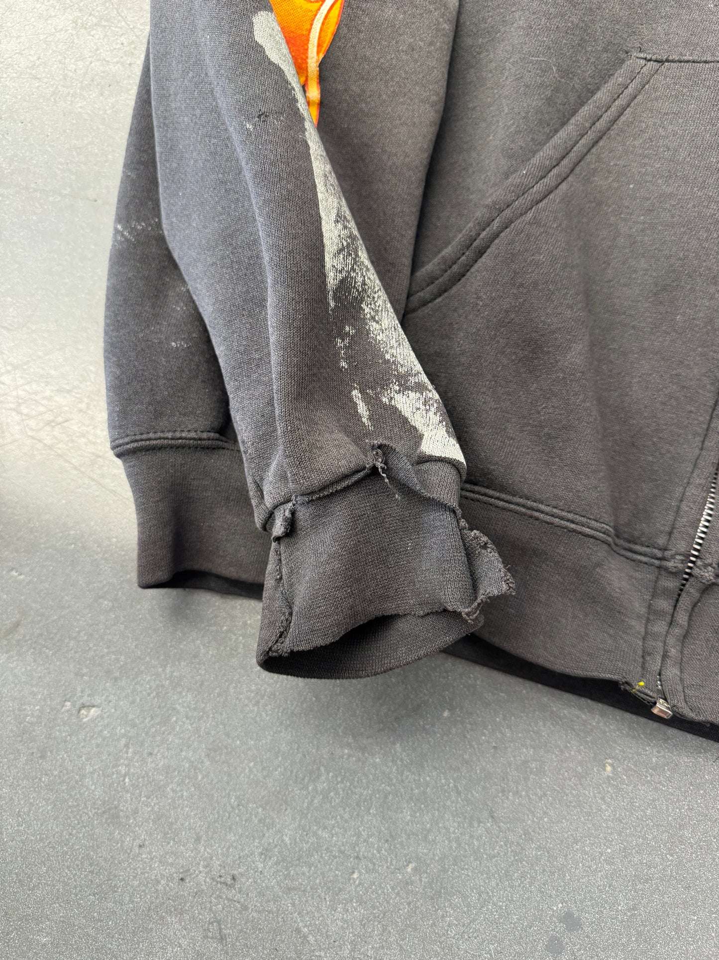 90S BIKER RAGS KNOXVILLE, TN. FLAME-SLEEVES ZIP-UP HOODIE (CUT TAGS) (BROKEN ZIPPER)