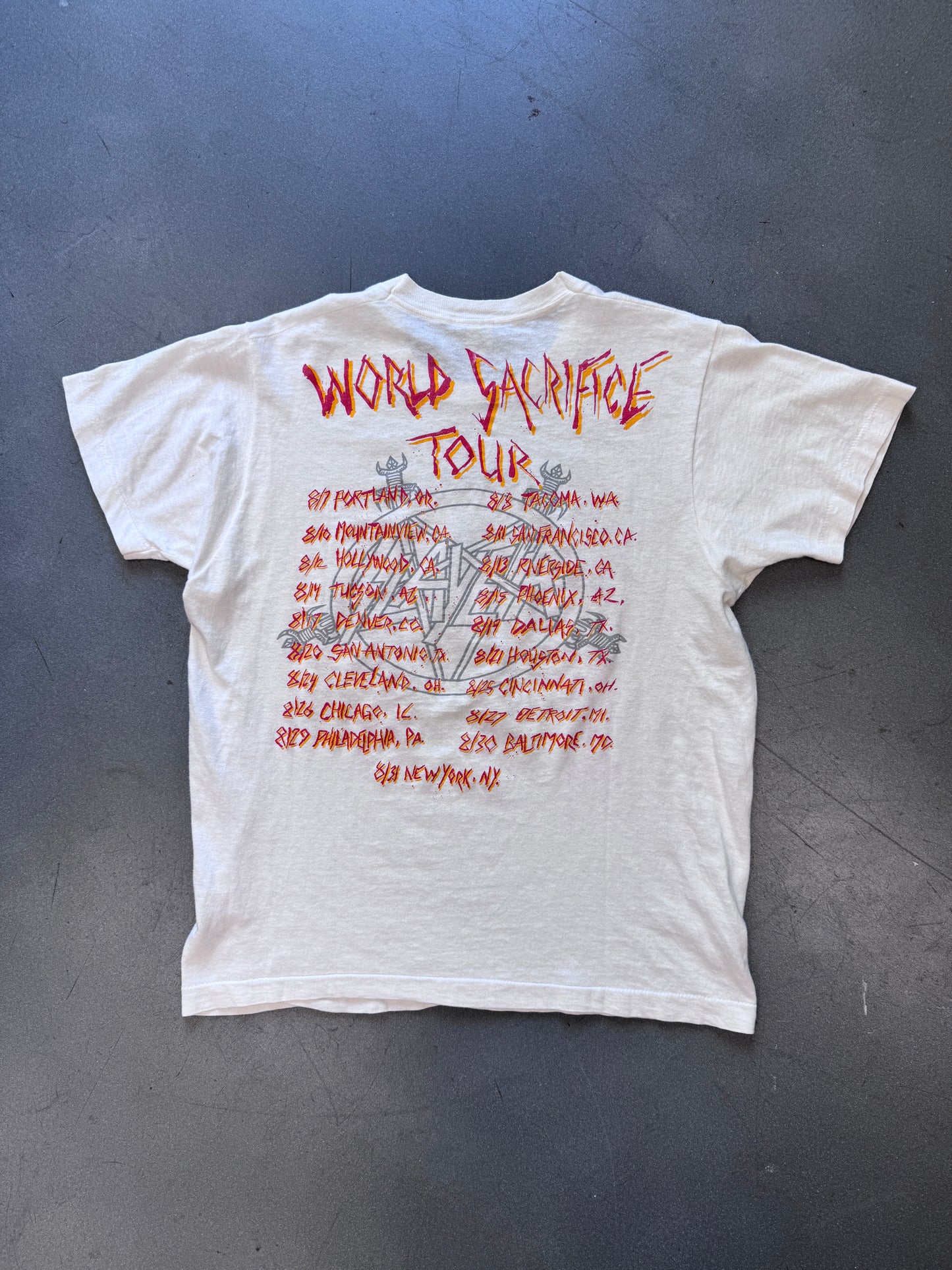 1988 SLAYER WORLD SACRIFICE TOUR SWORDS STABBING EARTH TEE (SCREEN STARS TAG)