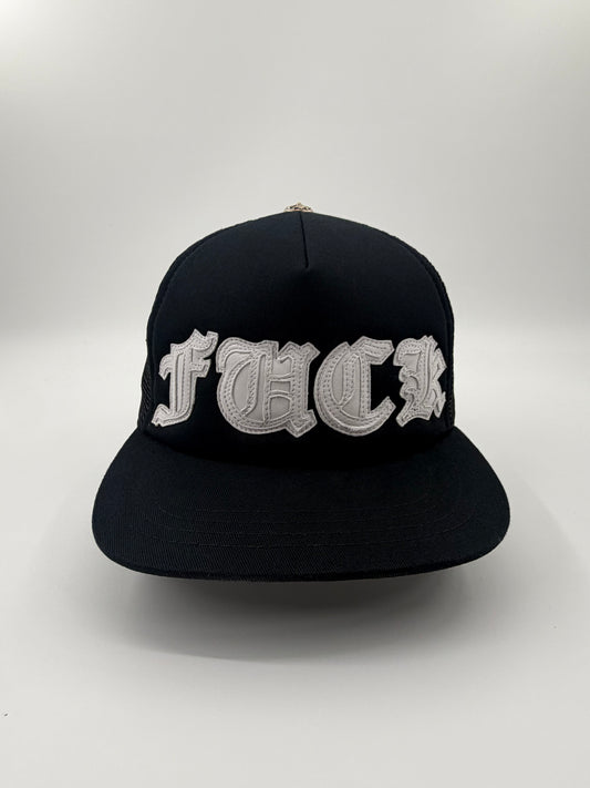 CHROME HEARTS LEATHER FUCK PATCH TRUCKER HAT - BLACK/WHITE