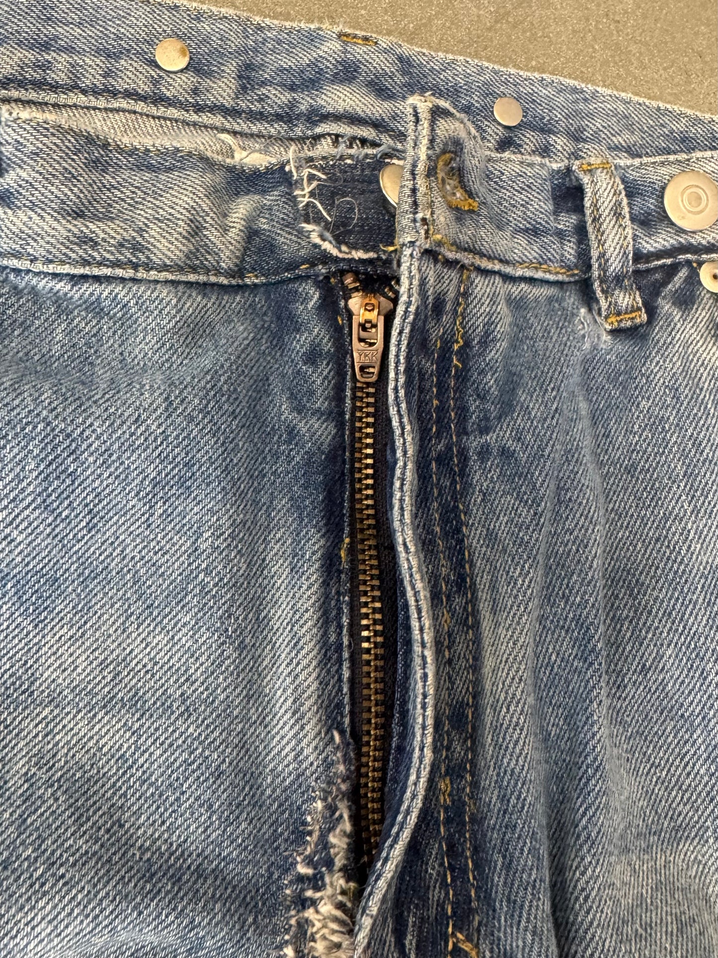 MAISON MARGIELA DISTRESSED SUSPENDER BUTTON REGULAR FIT JEANS - REPAIRED