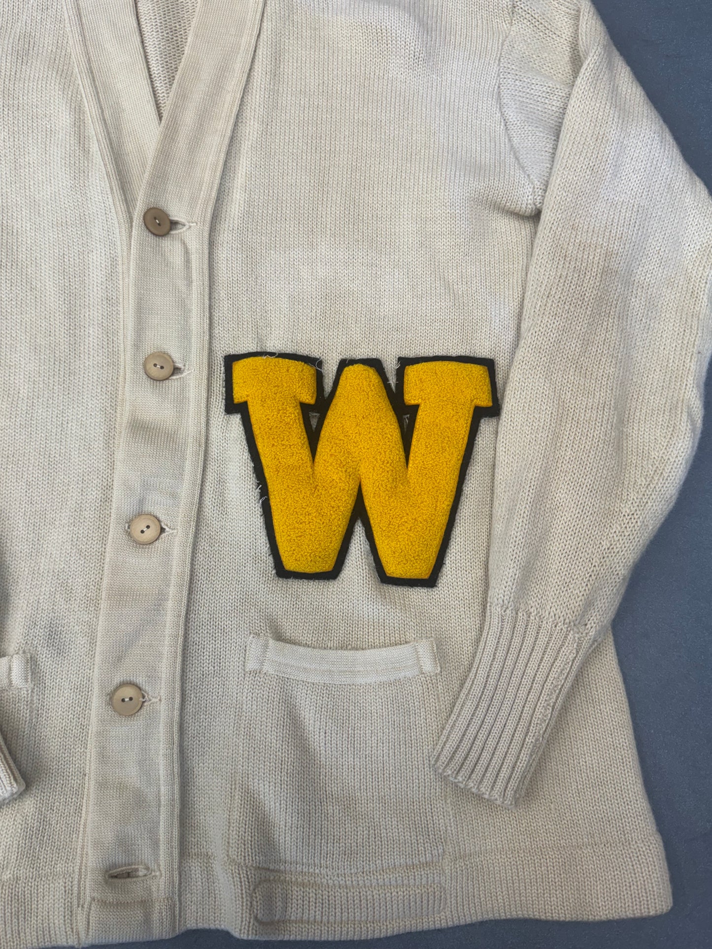 1940'S COLLEGE FOOTBALL 'W' PATCH CARDIGAN SWEATER (LOWE & CAMPBELL ATHLETIC GOODS CO TAG)