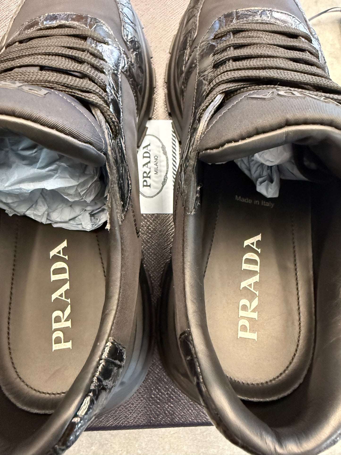 SIZE 8.5 PRADA BLACK CROC CALZATURE UOMO COCCO+NYLON GABARDINE 1 NERO (PRE-OWNED WITH BOX)