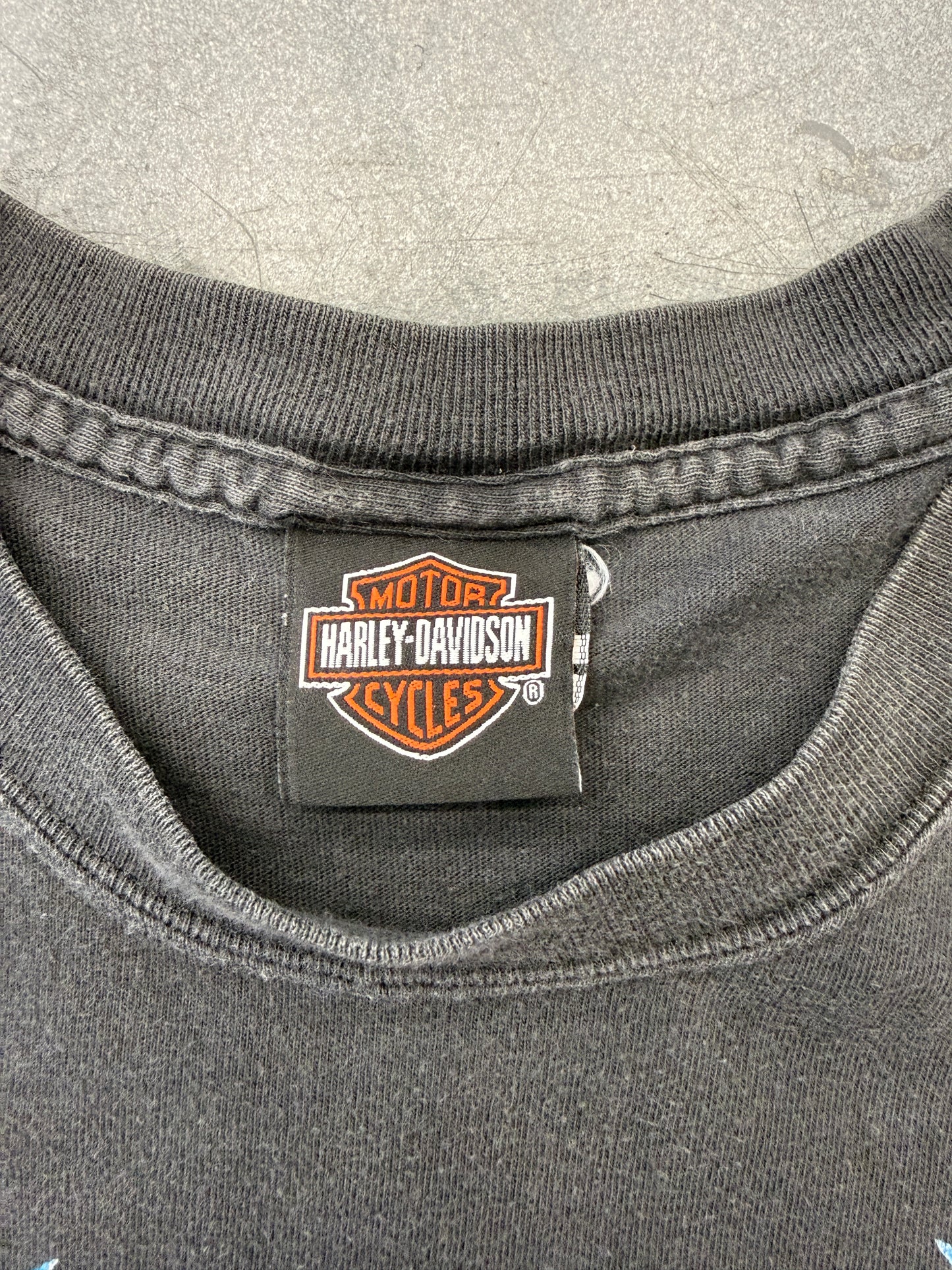 2002 HARLEY-DAVIDSON DUDLEY PERKINS CO. SAN FRANCISCO BLUE/PURPLE FLAMES TEE