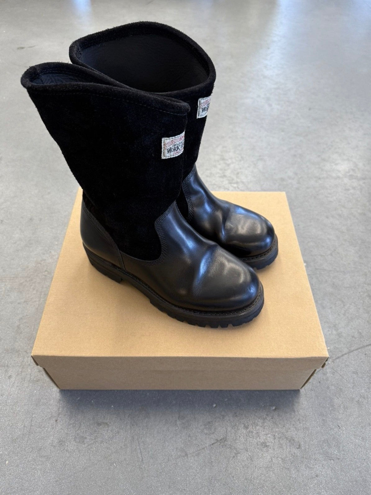 2024 STUSSY x OUR LEGACY WORK SHOP BLACK LEATHER WORK BOOT - SIZE 40