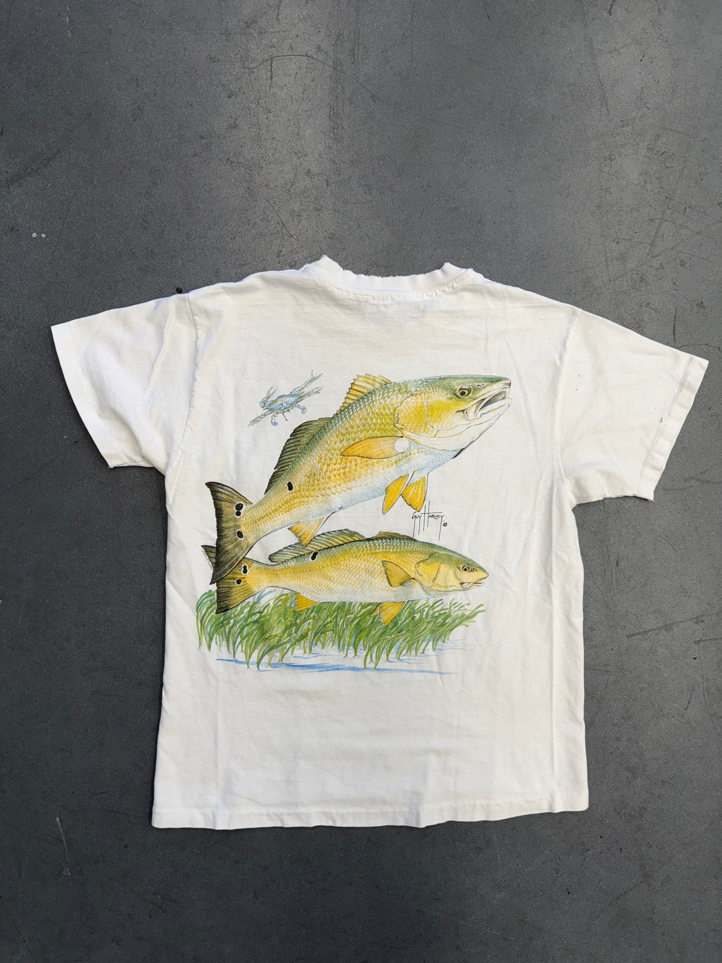 90'S GUY HARVEY RED FISH + BLUE CRAB POCKET TEE (HANES BEEFY-T TAG)