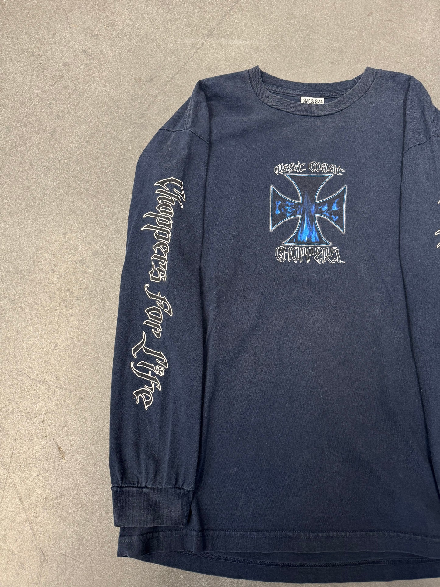 00'S WEST COAST CHOPPERS BLUE FLAME SKULL IRON CROSS LOGO "CHOPPERSF FOR LIFE" SPELLOIT LS TEE (TAG)