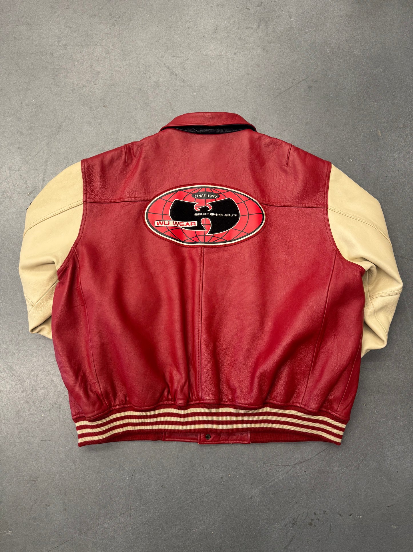 90S WU-TANG WU WEAR URBAN MILITIA LEATHER VARSITY JACKET - RED/WHITE