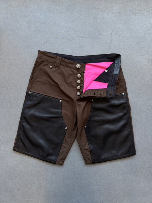 CHROME HEARTS LEATHER DOUBLE KNEE NYLON BROWN CARPENTER SHORTS LUCKY PINK PATCH (32)