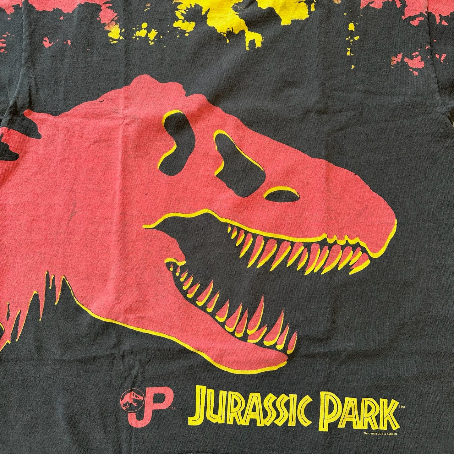 1993 JURASSIC PARK T-REX ALL OVER PRINT MOVIE PROMO TEE (RED BAR ANVIL TAG)