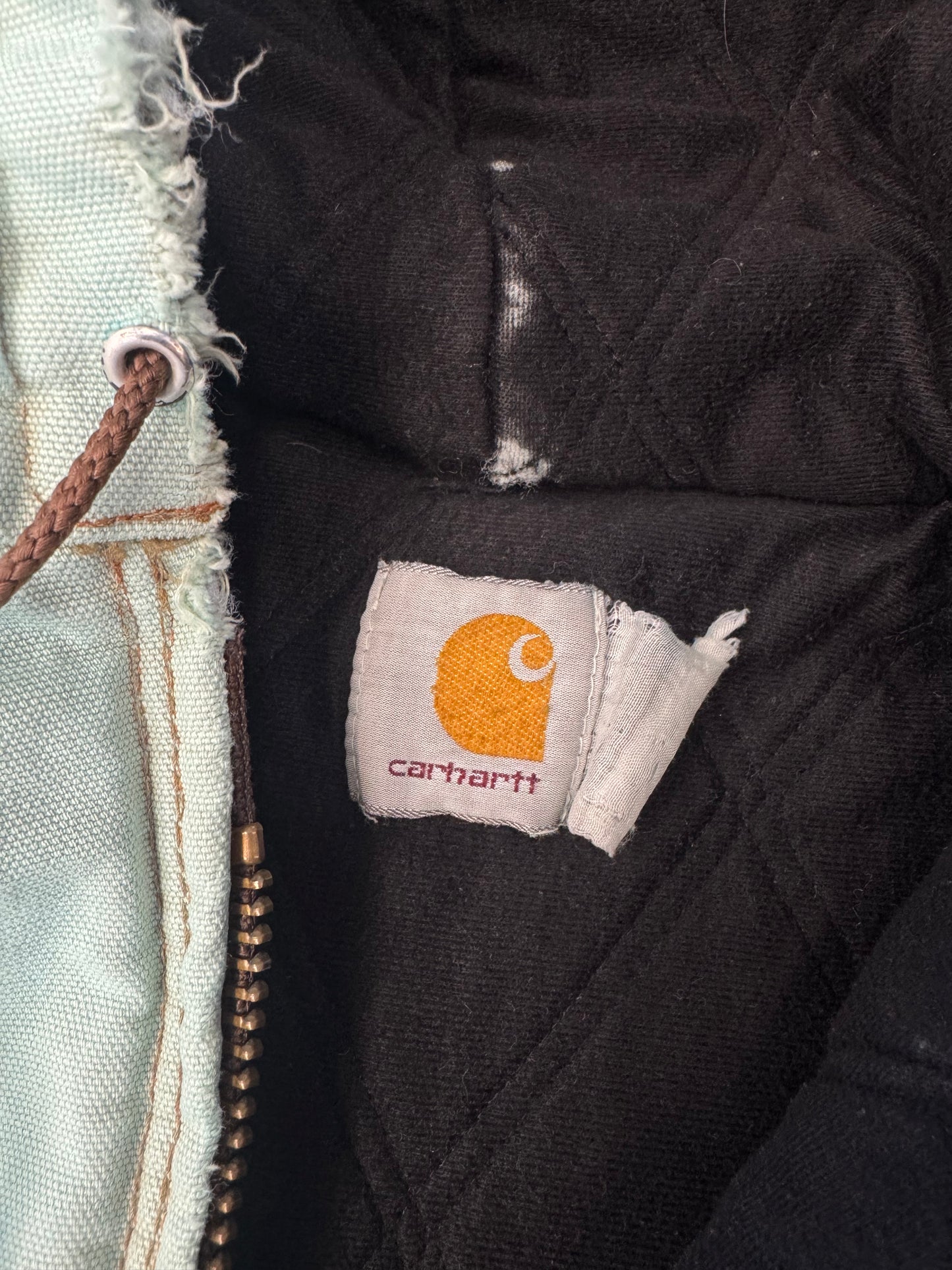 90S CARHARTT INSULATED ZIP-UP DISTRESSED CANVAS WORK JACKET (FADED TAG) (TURQUOISE/BROWN)