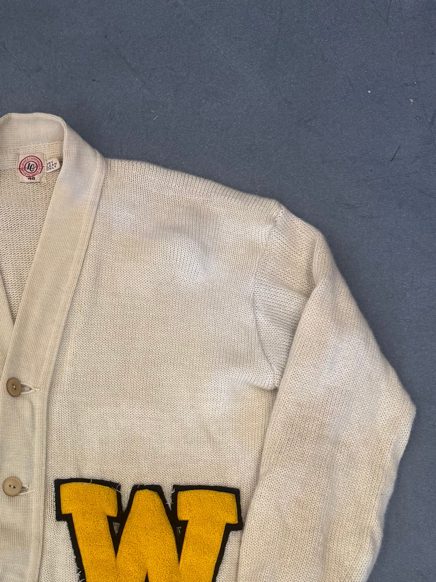1940'S COLLEGE FOOTBALL 'W' PATCH CARDIGAN SWEATER (LOWE & CAMPBELL ATHLETIC GOODS CO TAG)