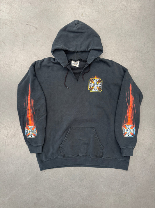 2000'S WEST COAST CHOPPERS FLAME IRON CROSS LONG BEACH, CA PULLOVER HOODIE (LEE TAG)