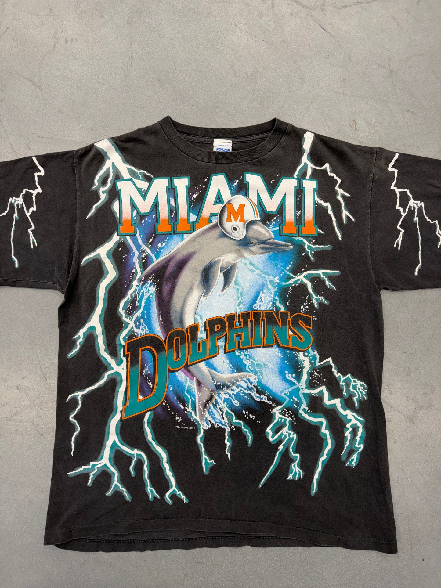 1993 MIAMI DOLPHINS SALEM LIGHTNING AMERICAN THUNDER TEE (SALEM SPORTSWEAR TAG)