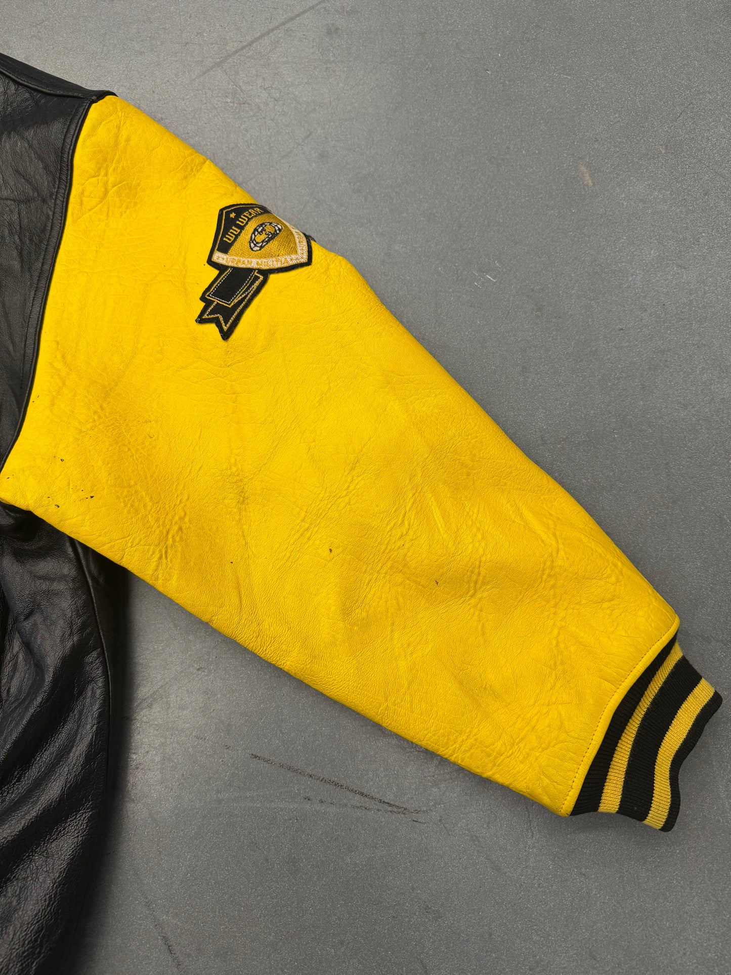 90S WU-TANG WU WEAR KILLAH BEEZ LEATHER VARSITY JACKET - BLACK/YELLOW