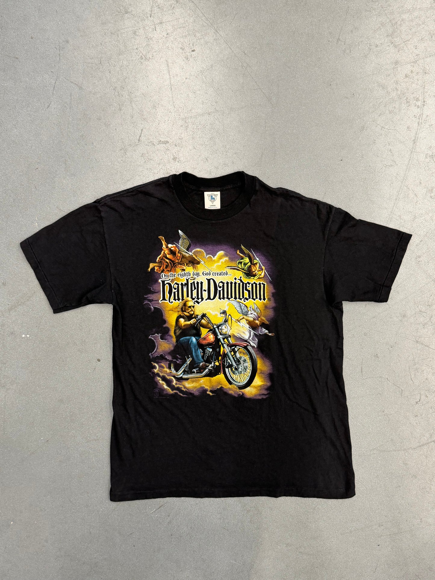1987 ON THE EIGHT DAY, GOD CREATED HARLEY DAVIDSON LAS, VEGAS NEVADA TEE (HOLOUBEK TAG)