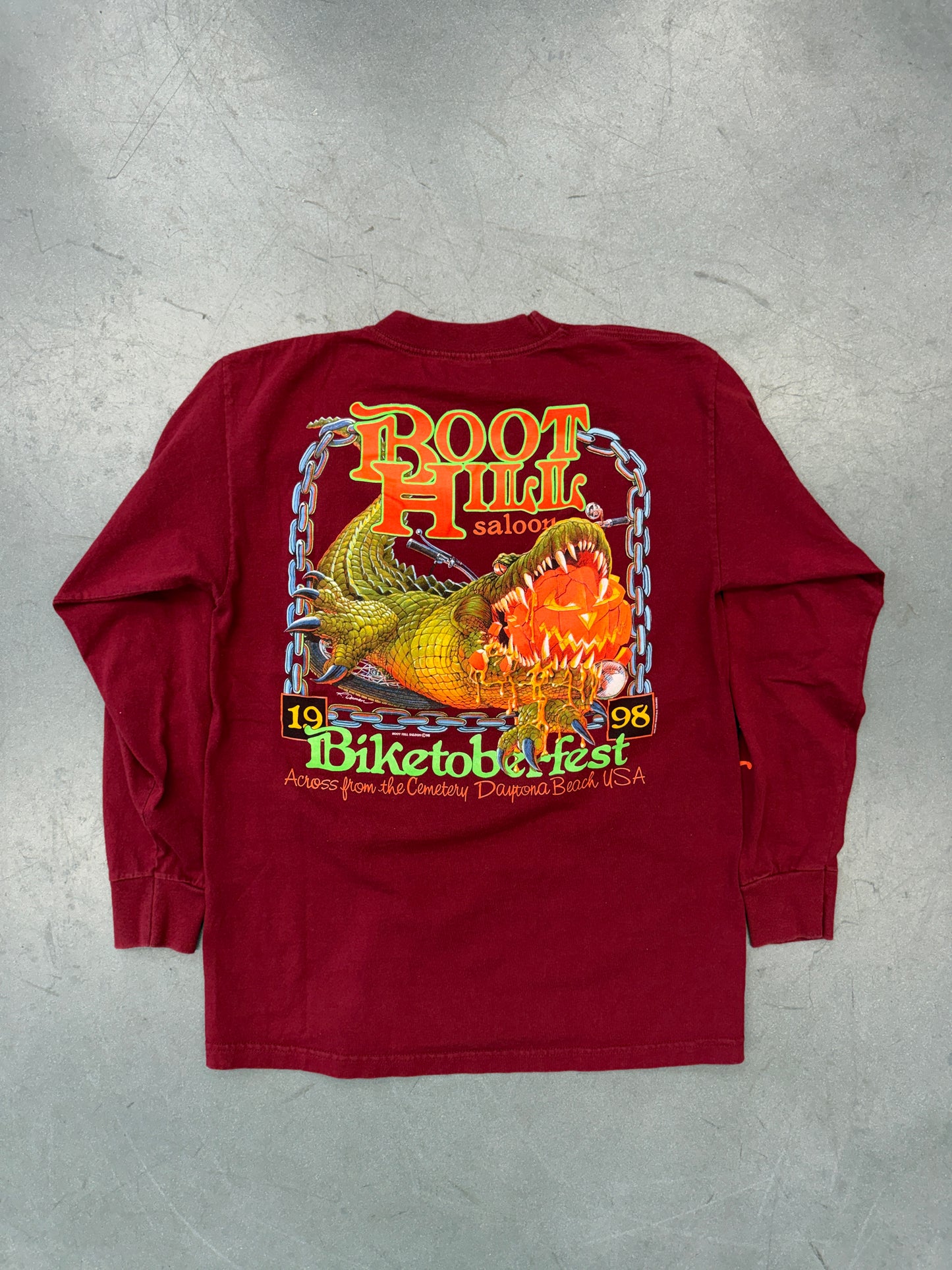 1998 BOOTHILL SALOON BIKETOBERFEST DAYTONA BEACH ALLIGATOR LS POCKET TEE (MURINA TAG)