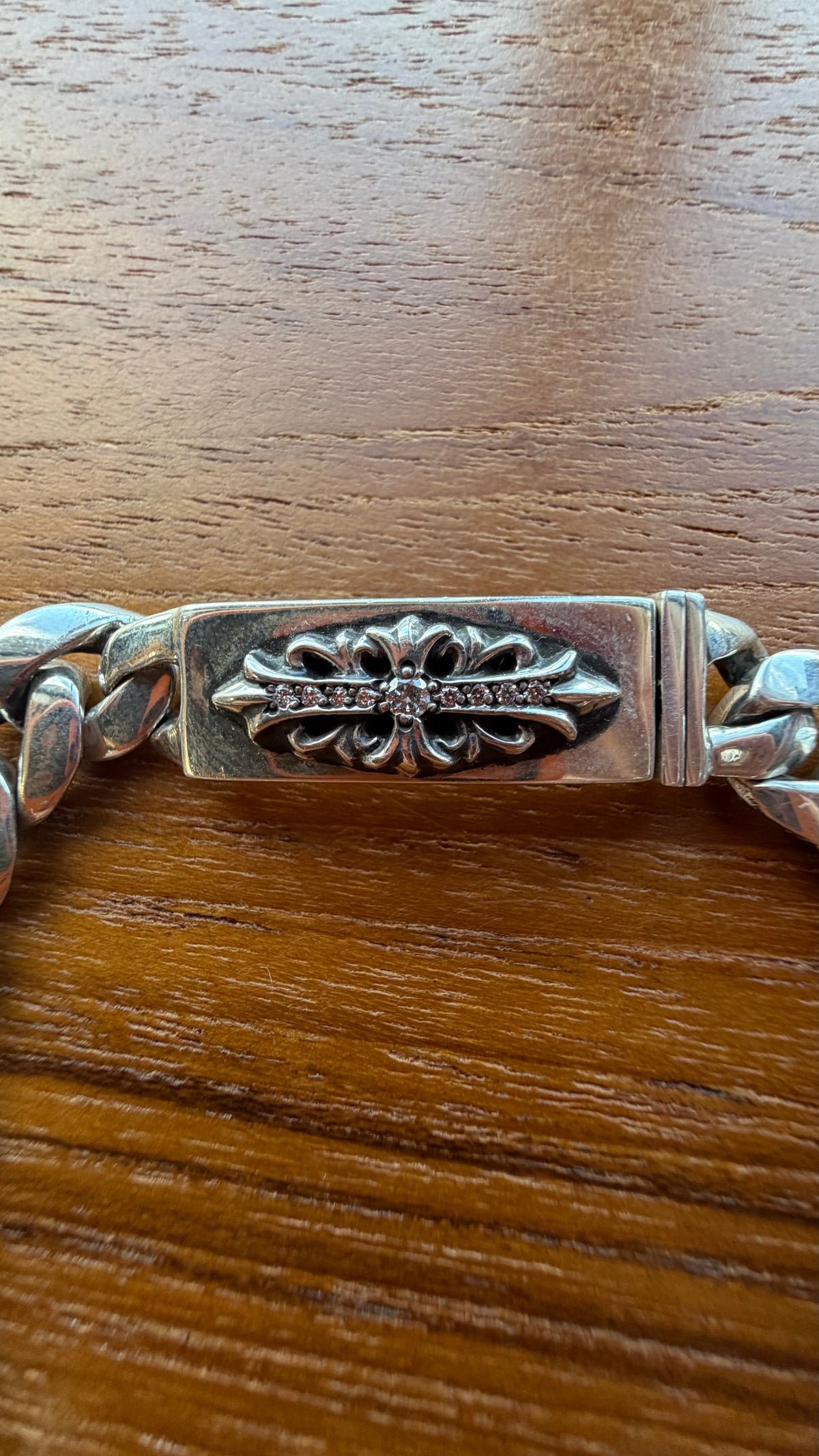 CHROME HEARTS PAVE DIAMOND BABY ID FLORAL CROSS SILVER BRACELET