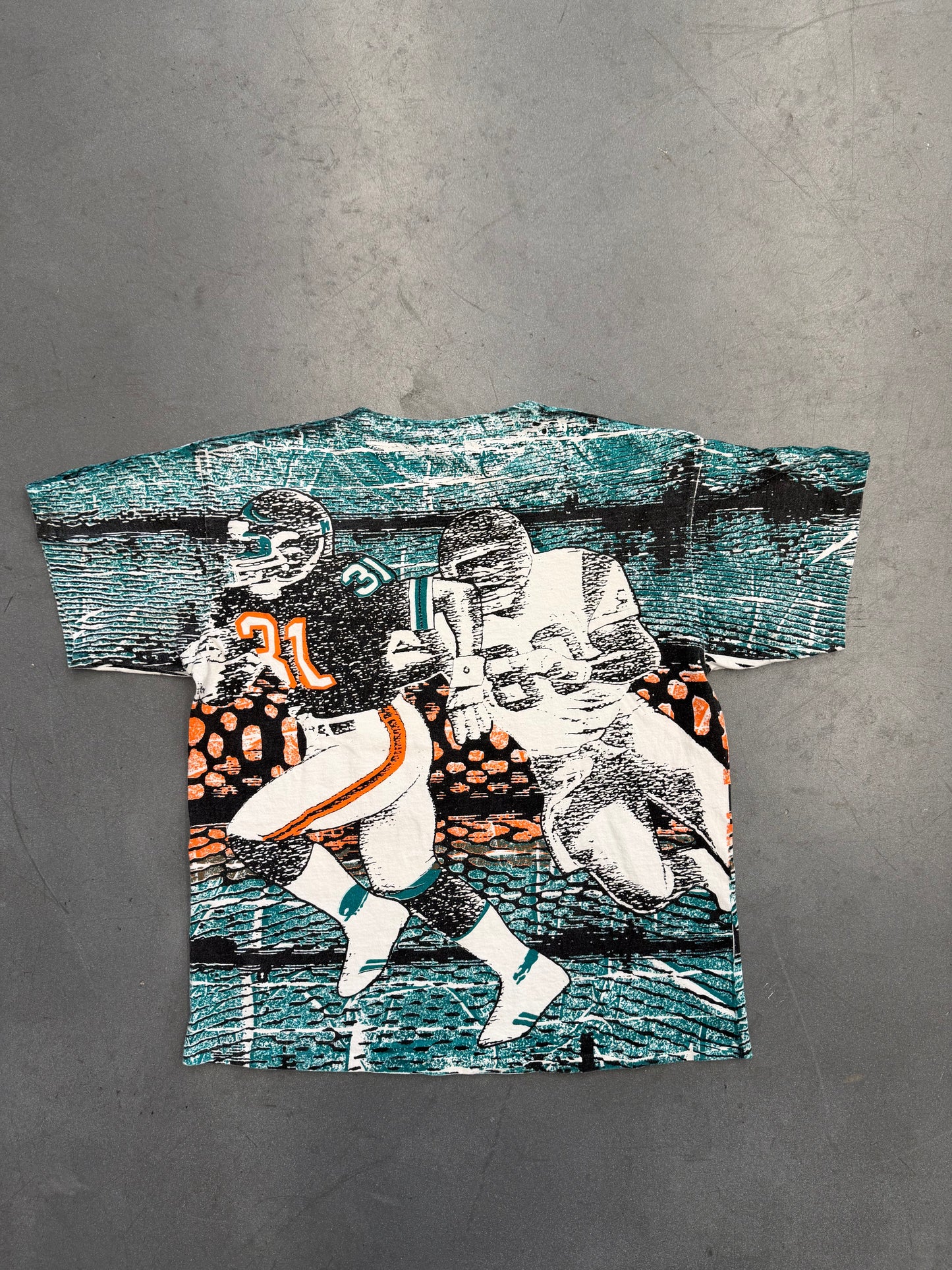 90'S MIAMI DOLPHINS WARFIELDS ALLOUT FAN AOP TEE (TULTEX COTTON TAG)