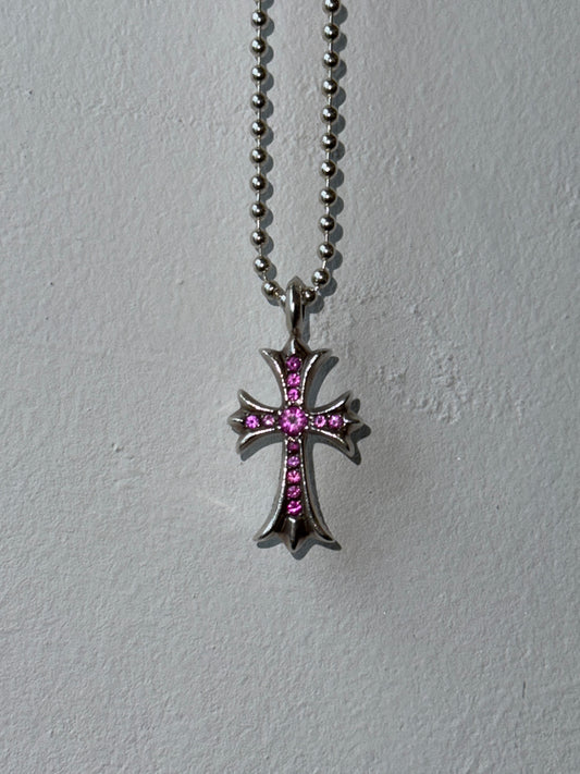 CHROME HEARTS PAVE PINK SAPPHIRE CROSS SILVER PENDANT (5.7 GRAMS)