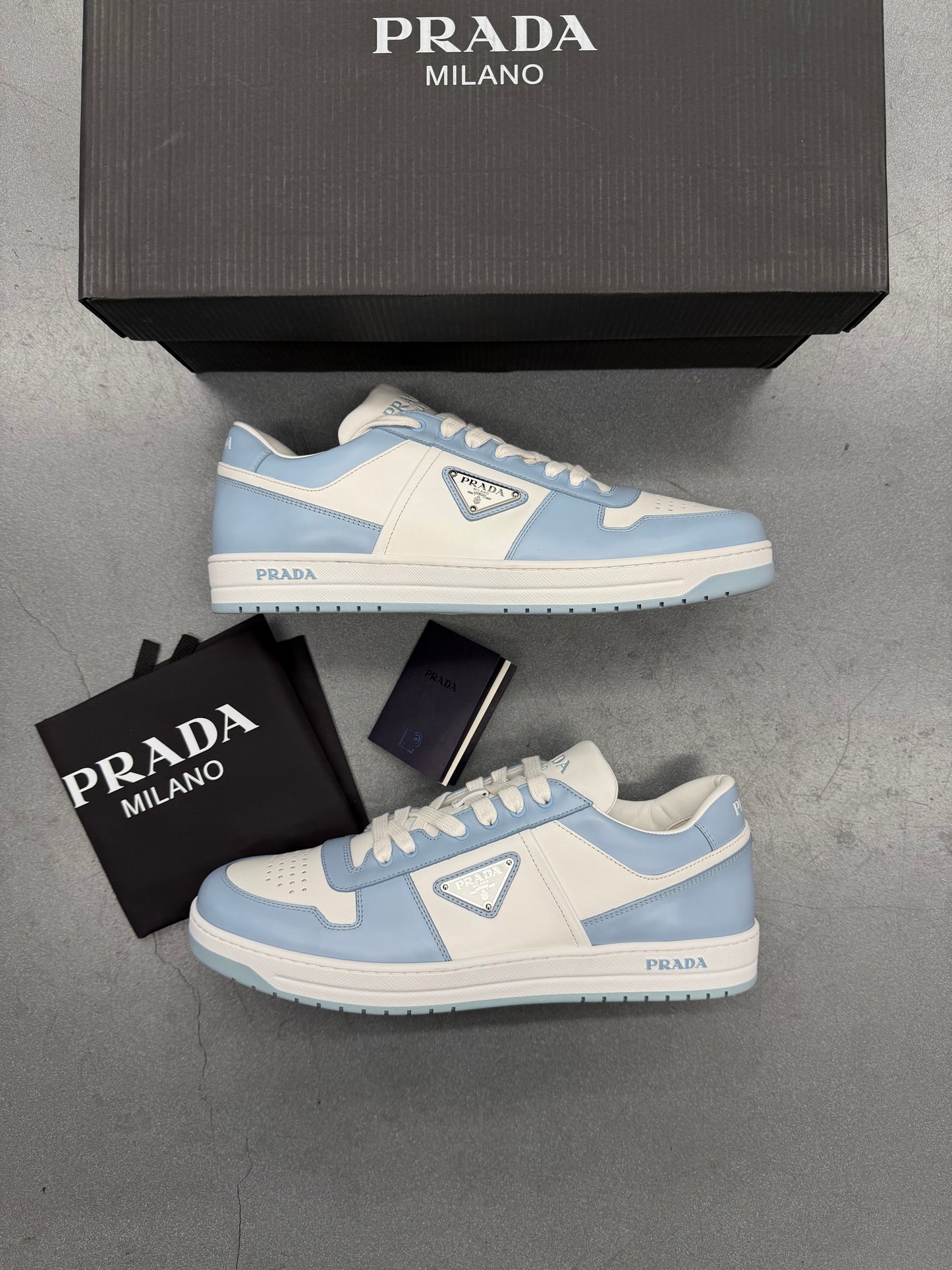 PRADA SIZE 9.5 DOWNTOWN LEATHER SNEAKER - LIGHT BLUE (W/BOX)