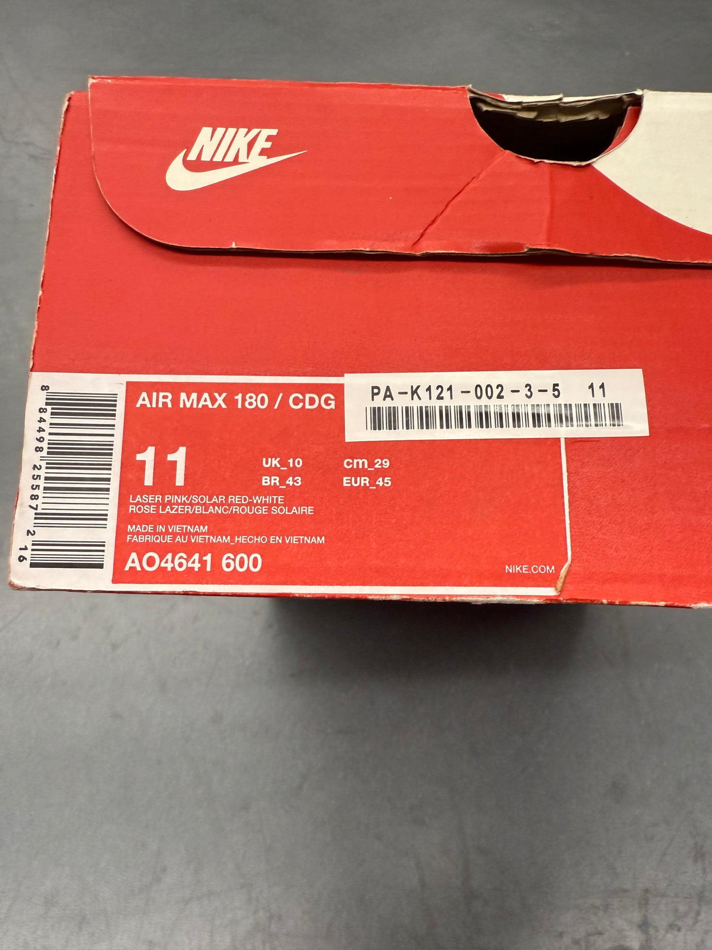 2018 SIZE 11 NIKE AIR MAX 180 CDG - WHITE/PINK