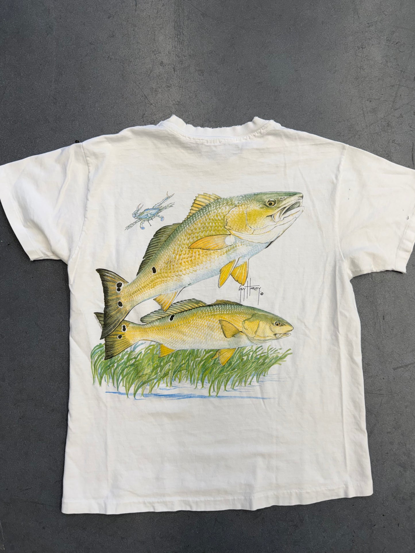 90'S GUY HARVEY RED FISH + BLUE CRAB POCKET TEE (HANES BEEFY-T TAG)