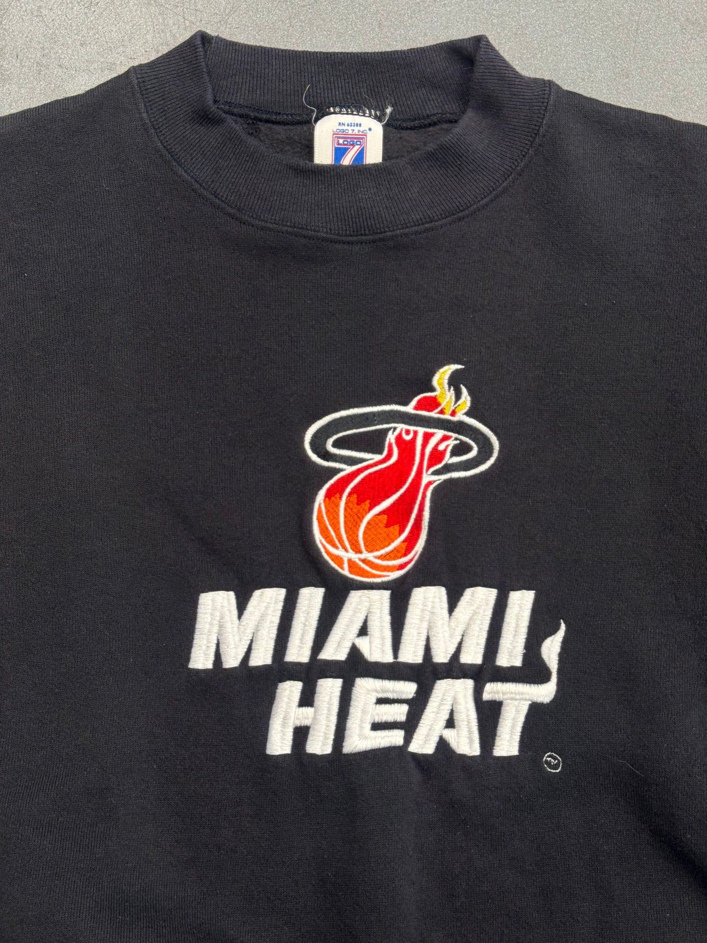 90S LOGO 7 3D EMBROIDERED MIAMI HEAT SPELLOUT LOGO CREWNECK