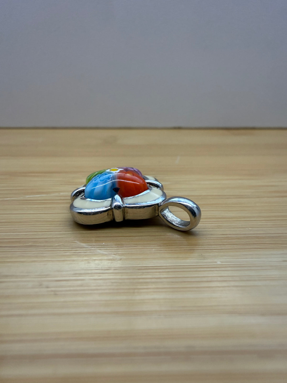 ALAN K. QUATREFOIL MILLEFIORI MURANO GLASS MULTICOLOR FLOWERS CLOVER SILVER PENDANT