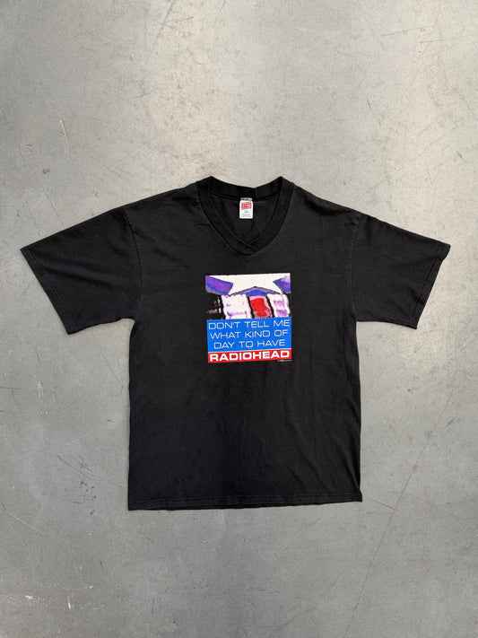 1996 RADIOHEAD DON'T TELL ME WHAT KIND OF DAY TO HAVE V NECK TEE (SOFFE SHIRTS TAG)