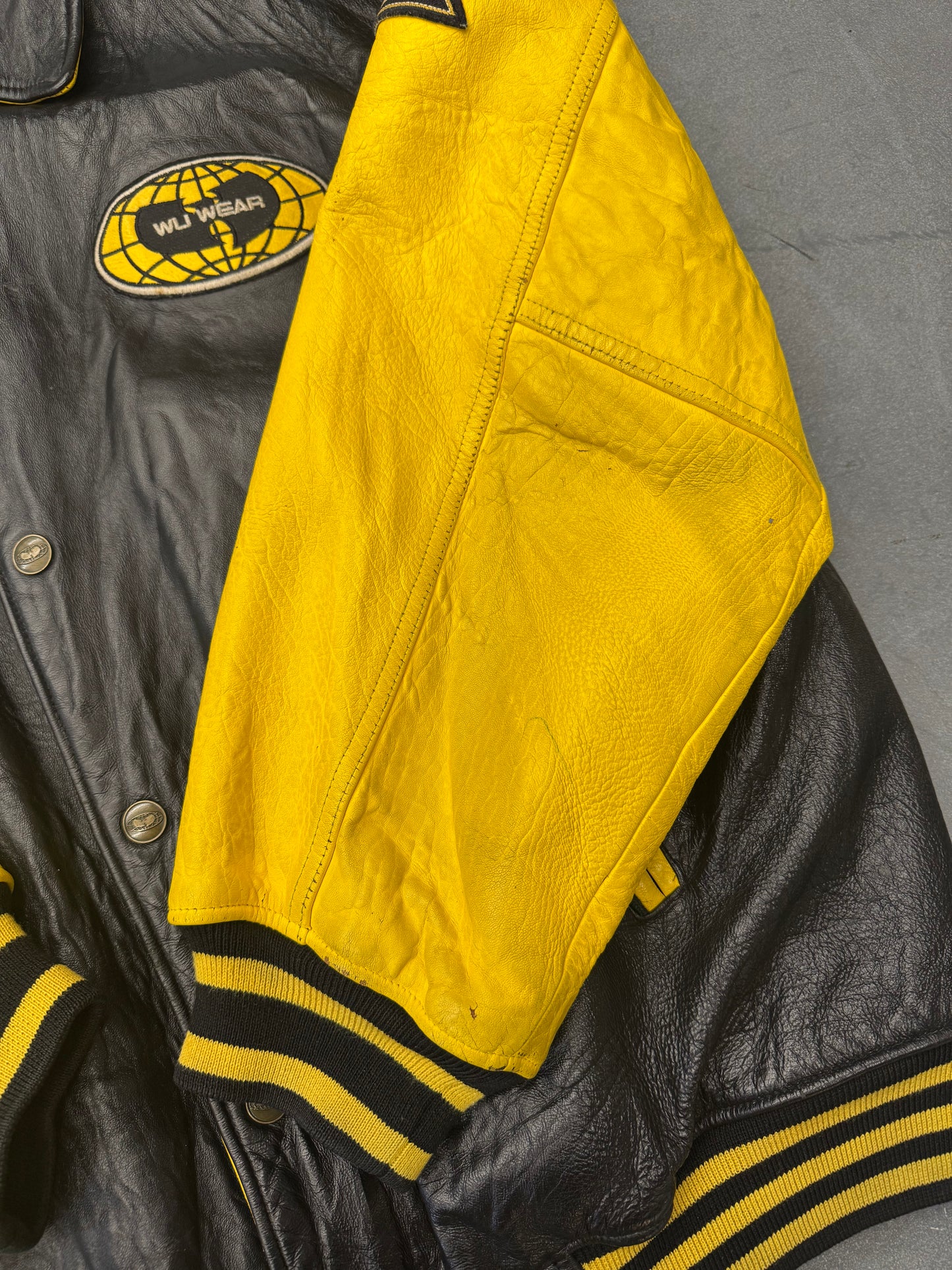 90S WU-TANG WU WEAR KILLAH BEEZ LEATHER VARSITY JACKET - BLACK/YELLOW
