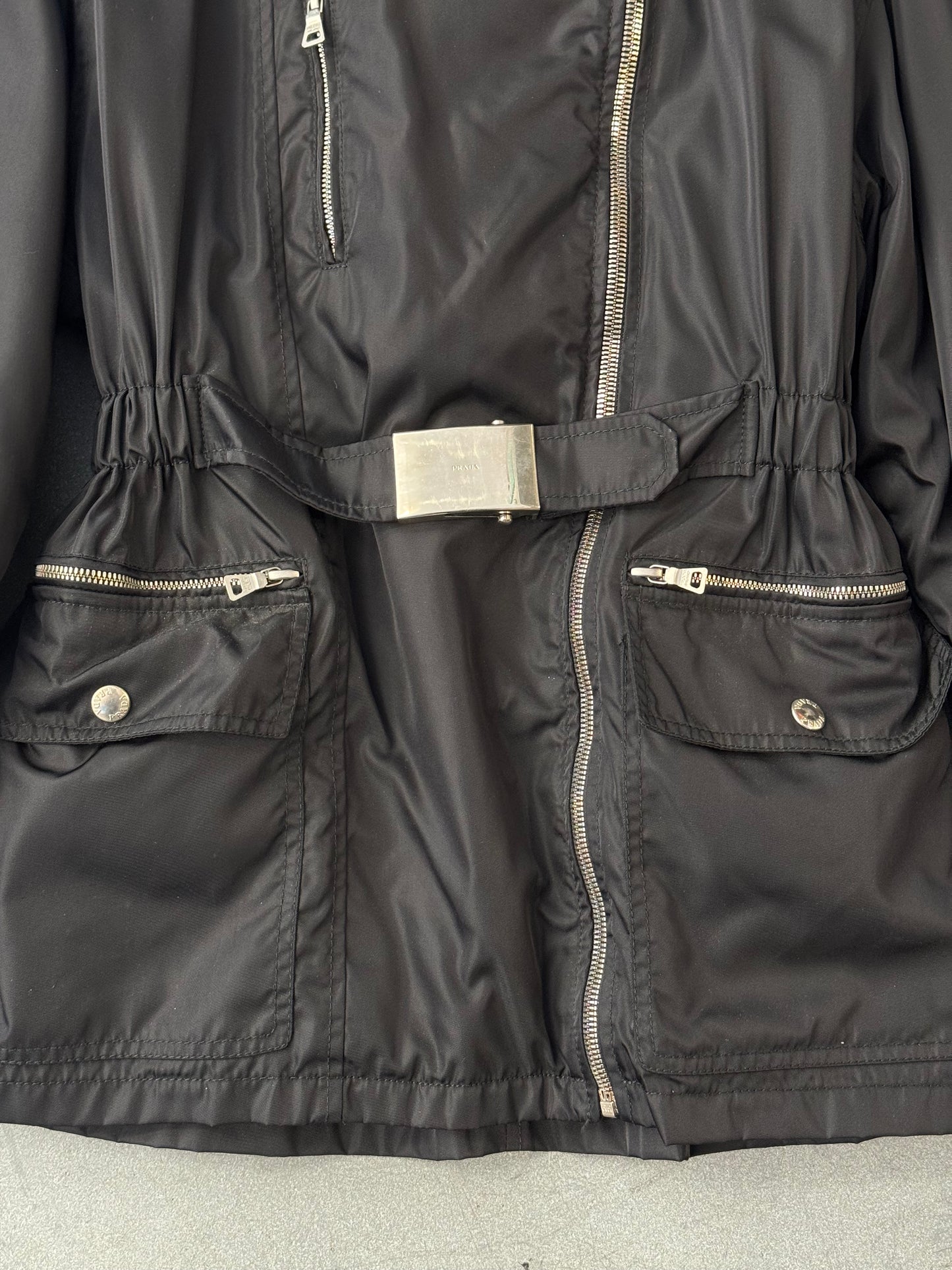 FW94 PRADA NYLON AND LEATHER COAT WITH DETACHABLE FUR COLLAR