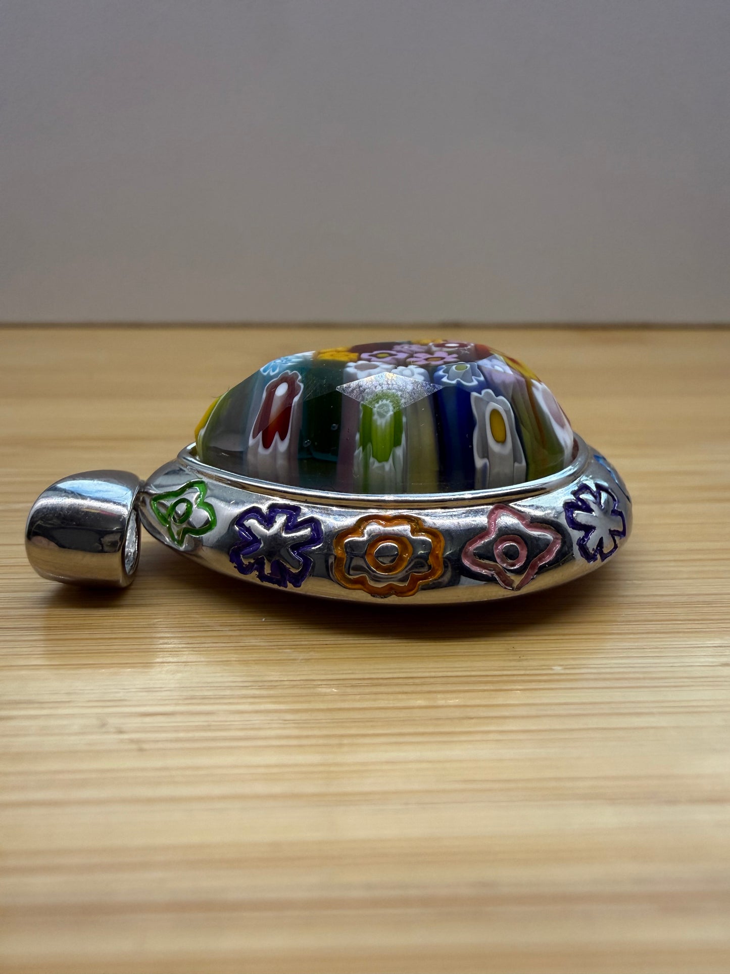ALAN K. DOUBLE PEAR MILLEFIORI MURANO GLASS MULTICOLOR FLOWER SILVER PENDANT