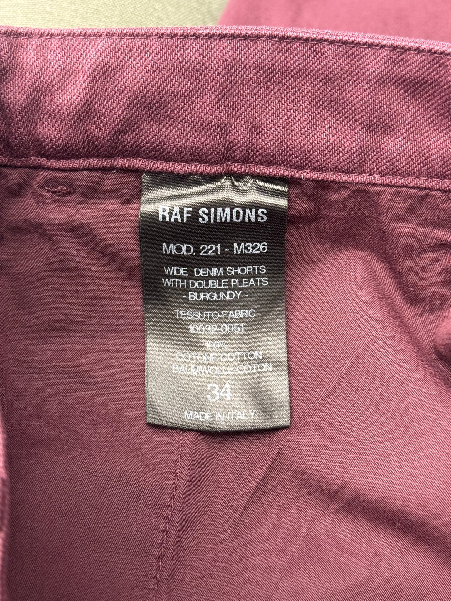 SS22 RAF SIMONS DOUBLE PLEATED WIDE DENIM SHORTS - BURGUNDY