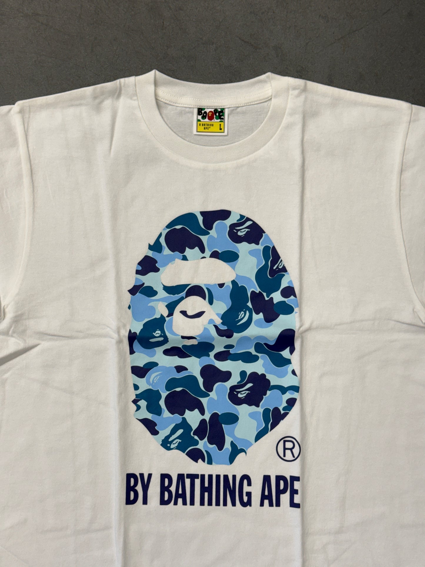 BAPE A BATHING APE BLUE CAMO HEAD TEE - WHITE (NIB)
