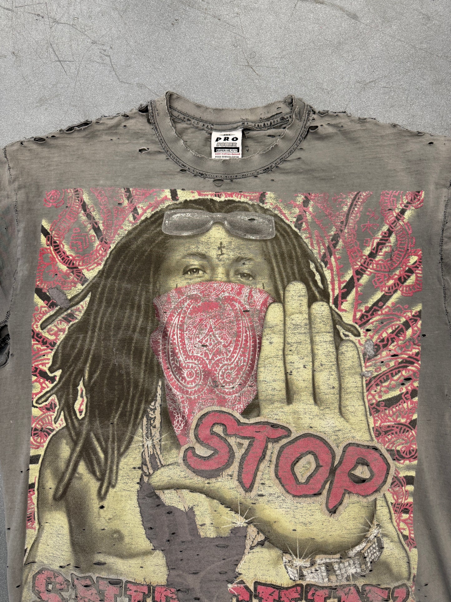 VINTAGE LIL WAYNE STOP SNITCHIN THRASHED & REPAIRED RAP TEE (PRO POWER TAG)