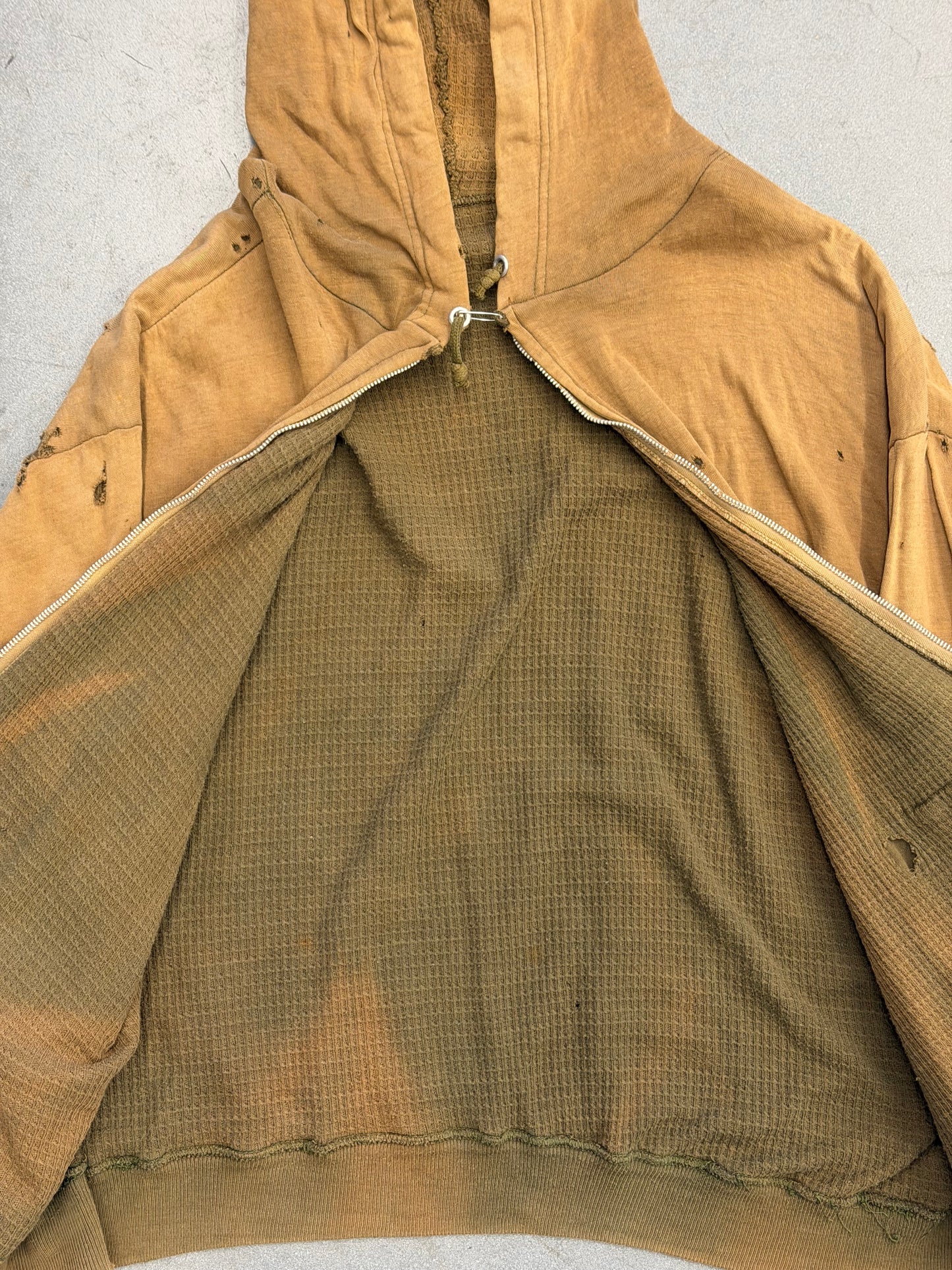 1950'S THRASHED SELVEDGED WAFFLE LINE ZIP UP HOODIE