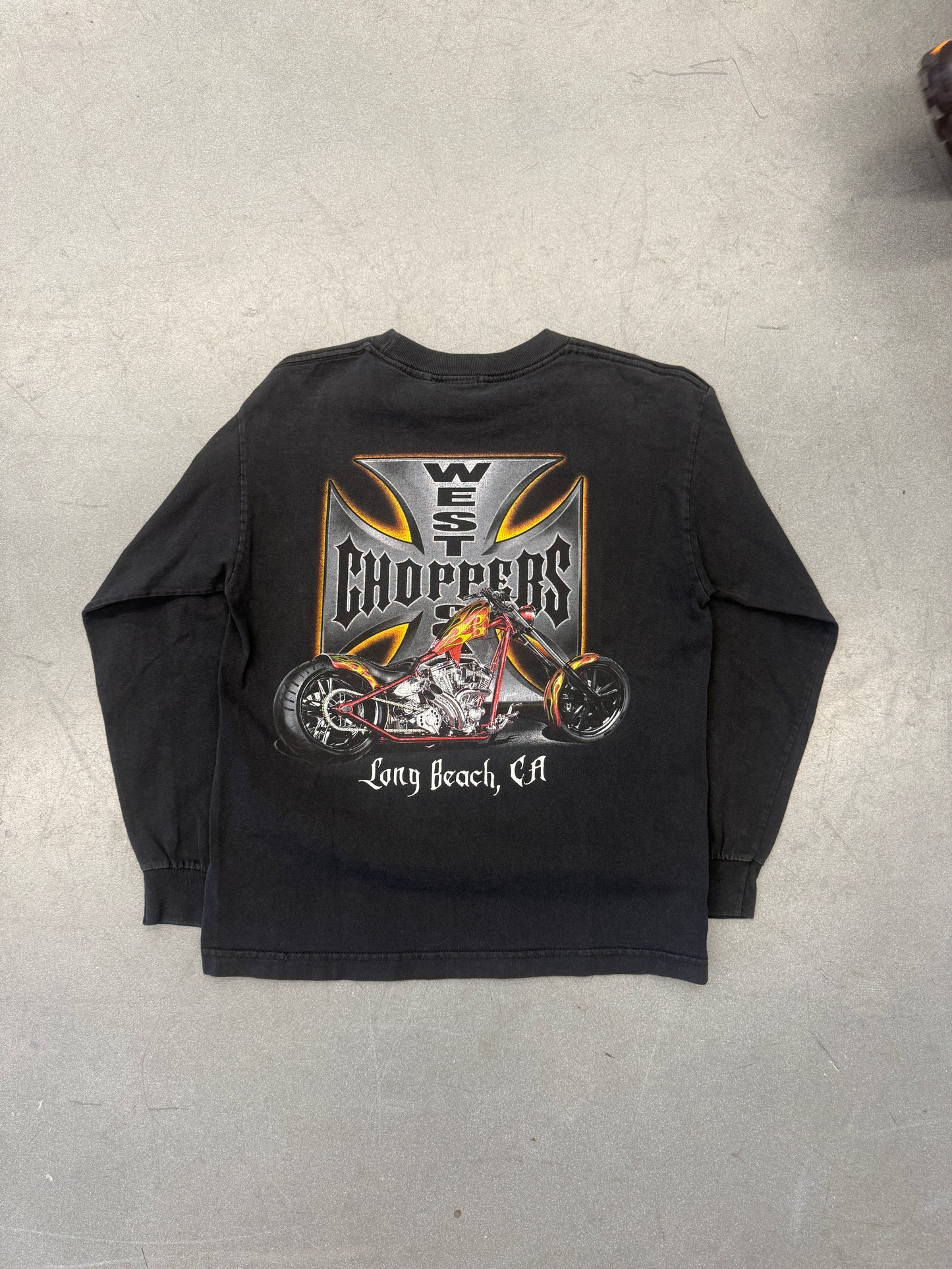 Y2K WEST COAST CHOPPERS LONG BEACH, CA GOLD-OUTLINE IRON CROSS-SLEEVE LS TEE (JESSE WHO? TAG)