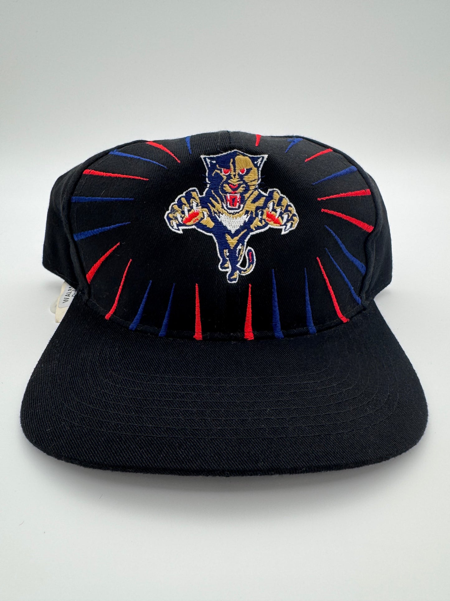 90S FLORIDA PANTHERS BLACK WITH RED/BLUE LINES NHL WALMART SNAPBACK HAT - NWT