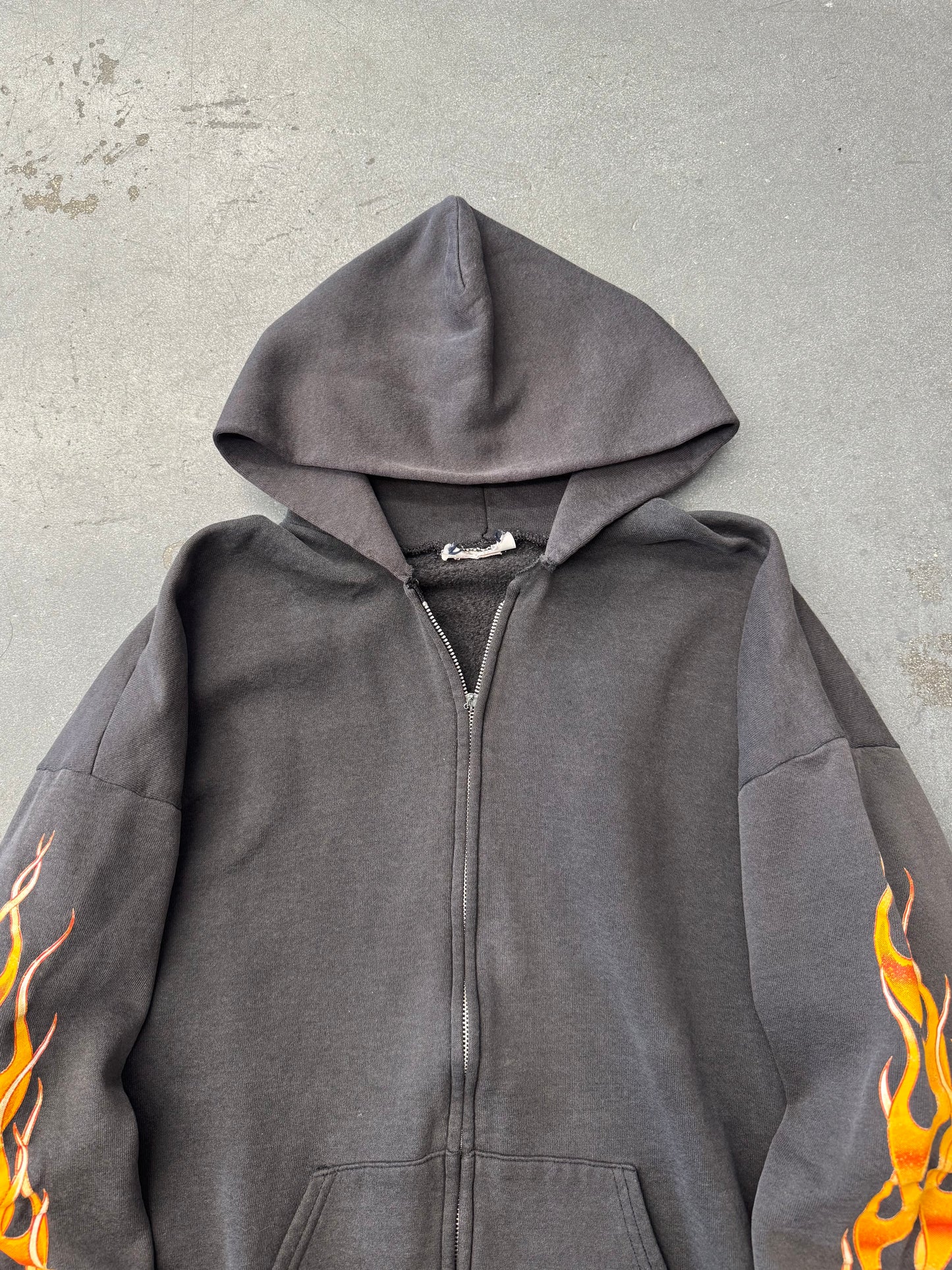 90S BIKER RAGS KNOXVILLE, TN. FLAME-SLEEVES ZIP-UP HOODIE (CUT TAGS) (BROKEN ZIPPER)
