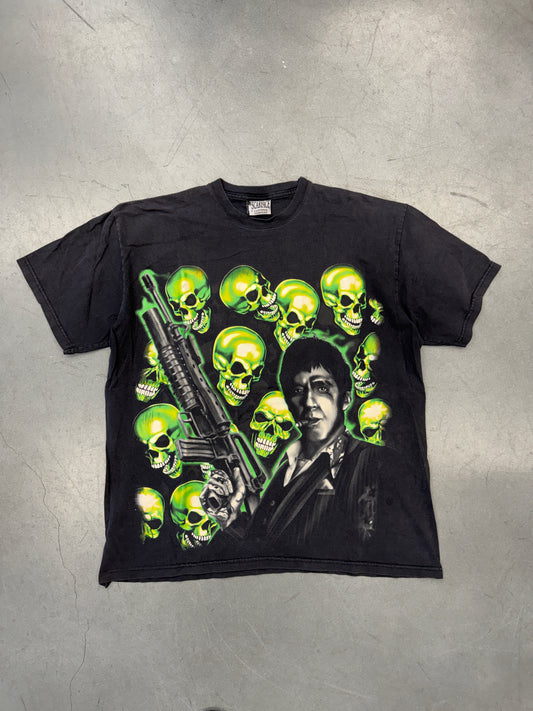 Y2K SCARFACE GREEN SKULL PILE TEE (SCARFACE TAG)