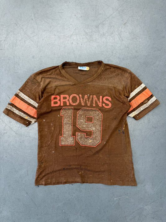 90S NFL CLEVELAND BROWNS ULTRA THIN FOOTBALL TOP #19 (SALEM SPORTSWEAR TAG)